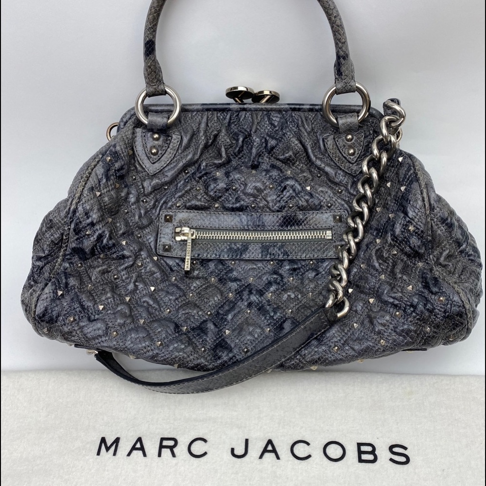 Marc Jacobs Grey Snakeskin Print Studded Stam Bag